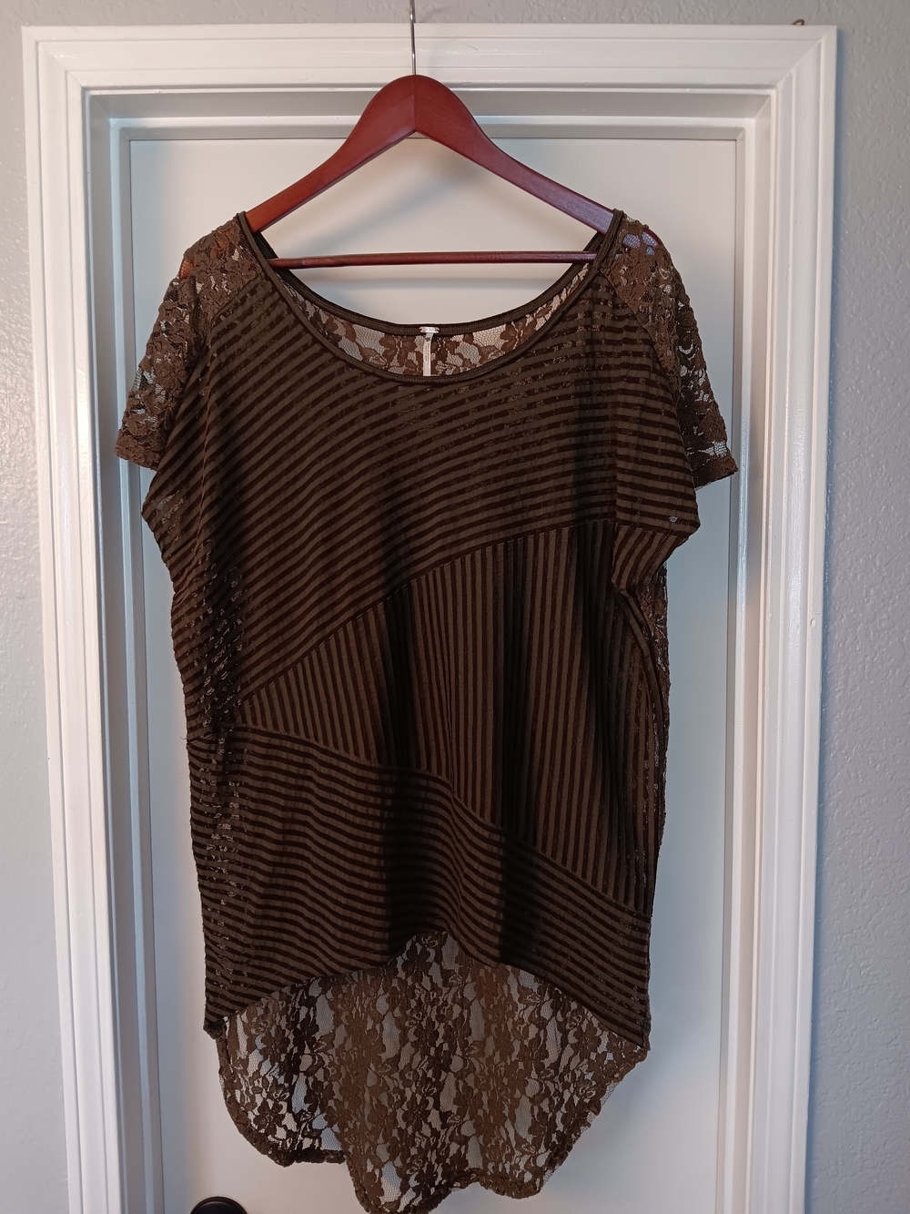 Free People Olive Green Lace-Back Striped Hi-Low Tunic